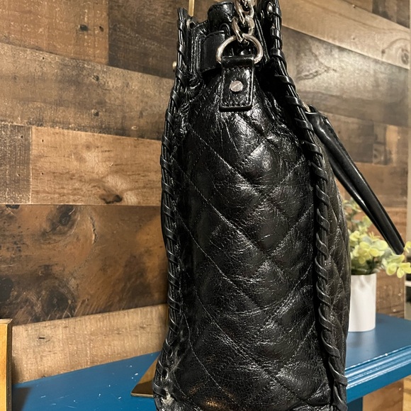 Michael Kors Black Leather Tote Silver Lock Laced Trim MK - Picture 5 of 12